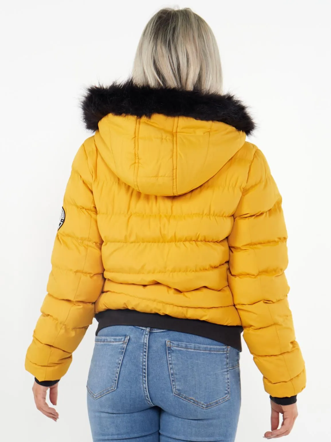 Fuax Fur Trim Puffer Jacket, Mustard, Cobalt, UK Sizes 8 to 16