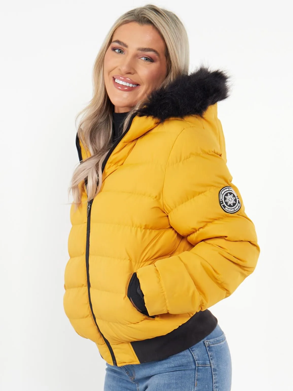 Fuax Fur Trim Puffer Jacket, Mustard, Cobalt, UK Sizes 8 to 16