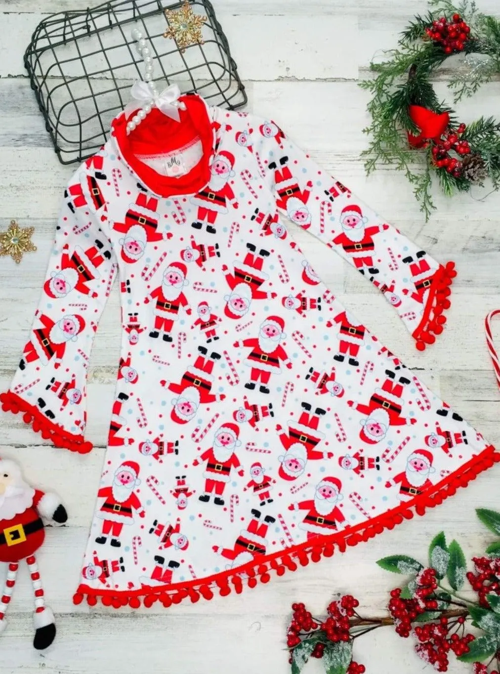 Girls Christmas Themed Long Sleeve Turtleneck A-Line Sweater Dress with Pom Pom Trim