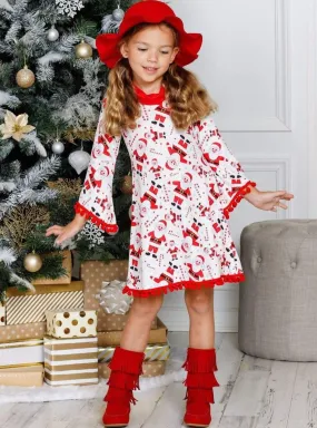 Girls Christmas Themed Long Sleeve Turtleneck A-Line Sweater Dress with Pom Pom Trim