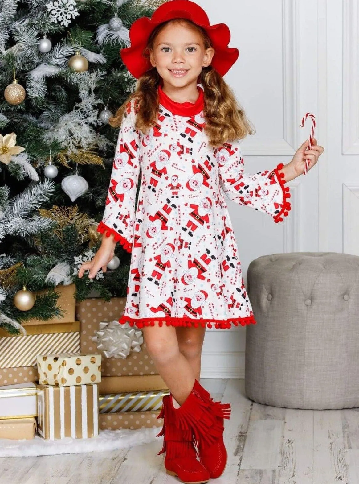 Girls Christmas Themed Long Sleeve Turtleneck A-Line Sweater Dress with Pom Pom Trim