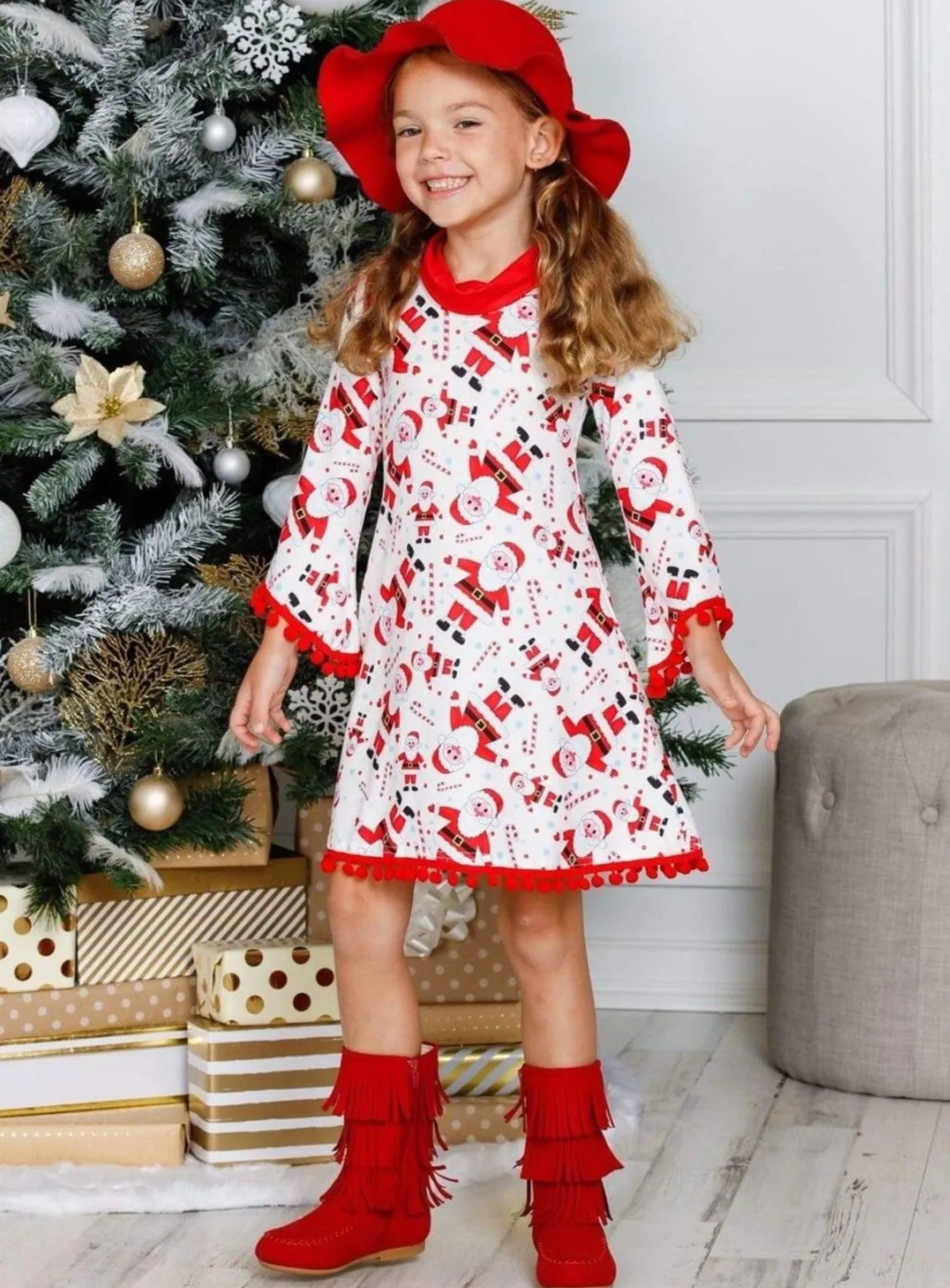 Girls Christmas Themed Long Sleeve Turtleneck A-Line Sweater Dress with Pom Pom Trim