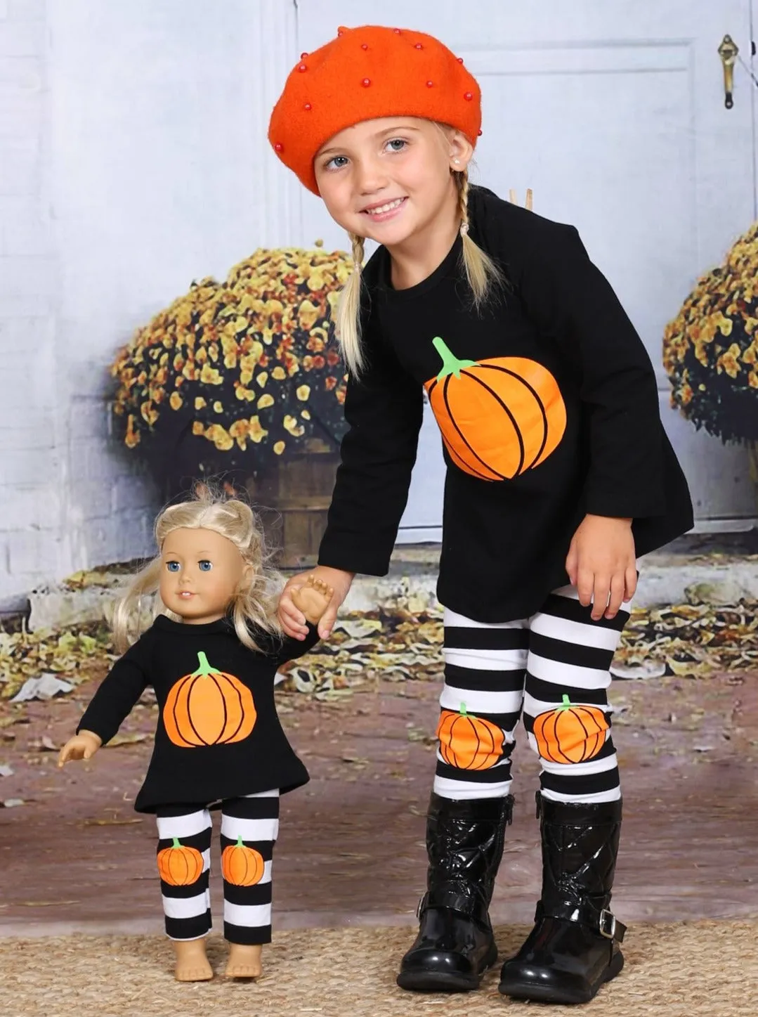 Girls Halloween Themed Long Sleeve Pumpkin Top And Striped Legging Set with Matching Doll Set