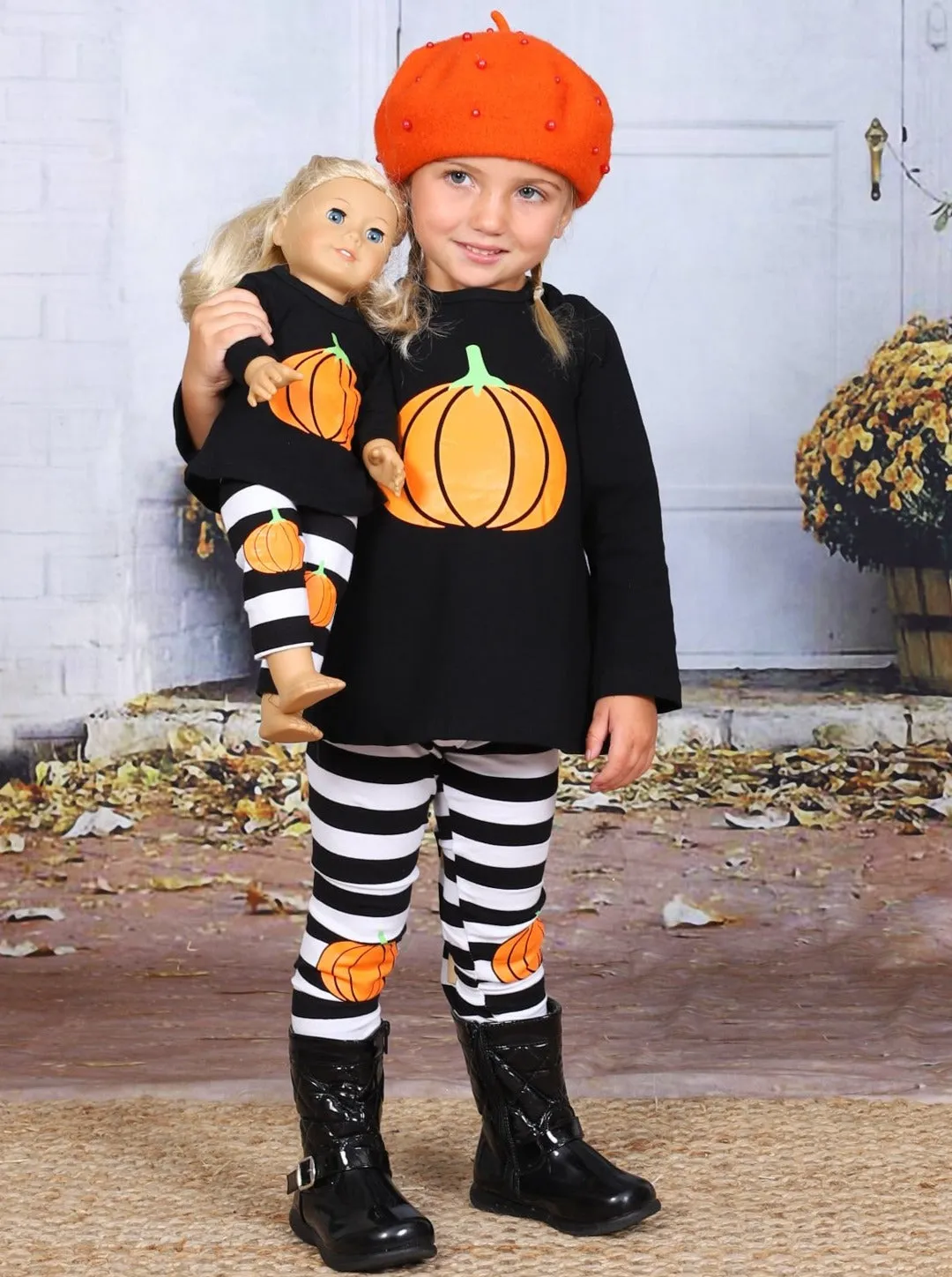 Girls Halloween Themed Long Sleeve Pumpkin Top And Striped Legging Set with Matching Doll Set