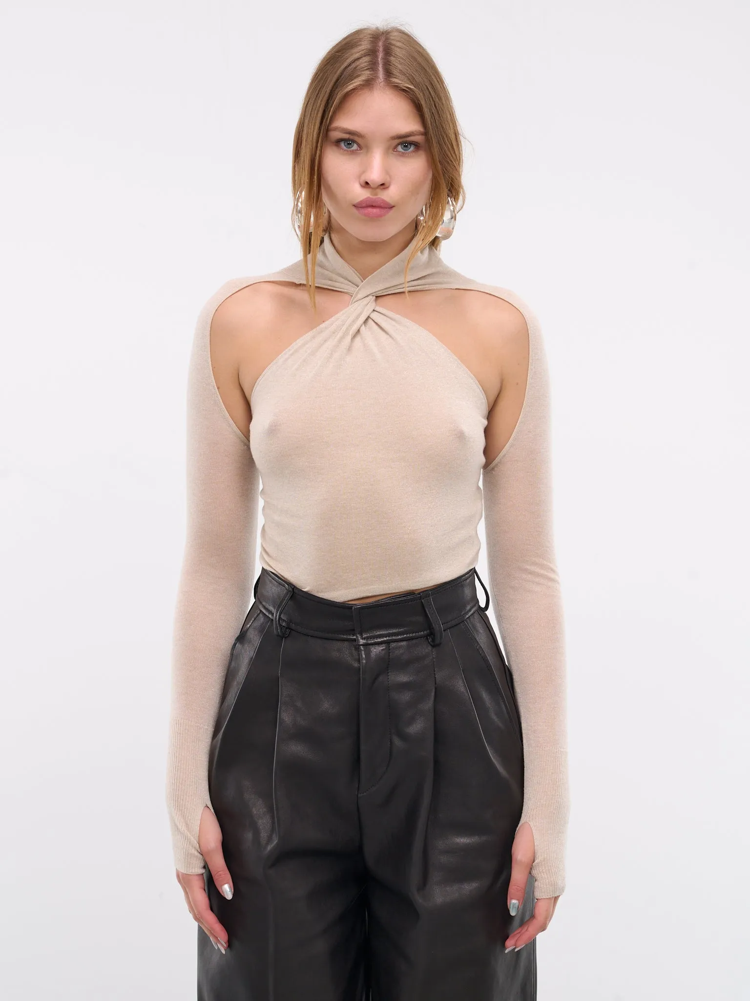 Glossy Cut-Out Twist Knot Sweater (KT10W1WI180-BONE-WHITE)