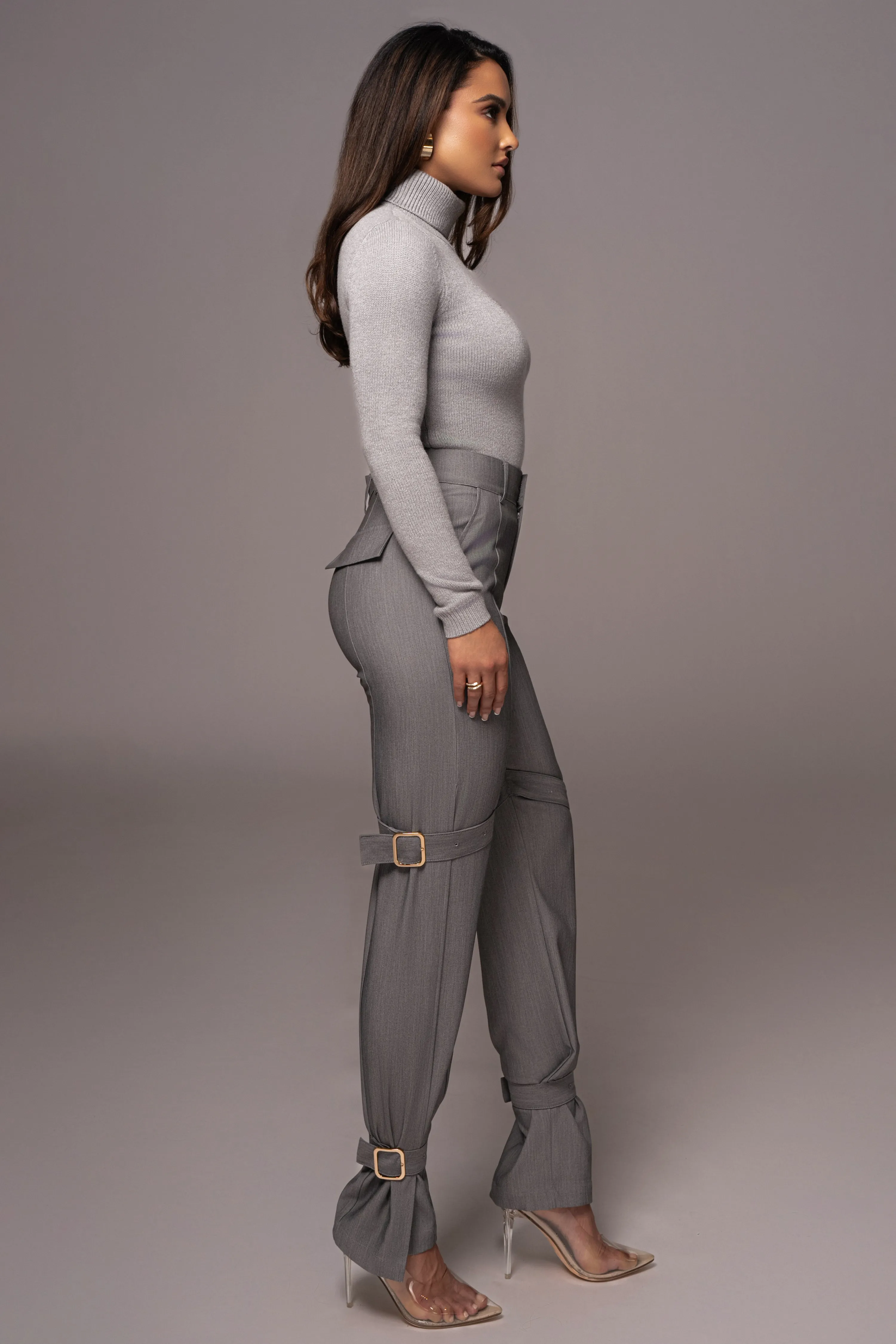 Grey Refined Belted Leg Pants