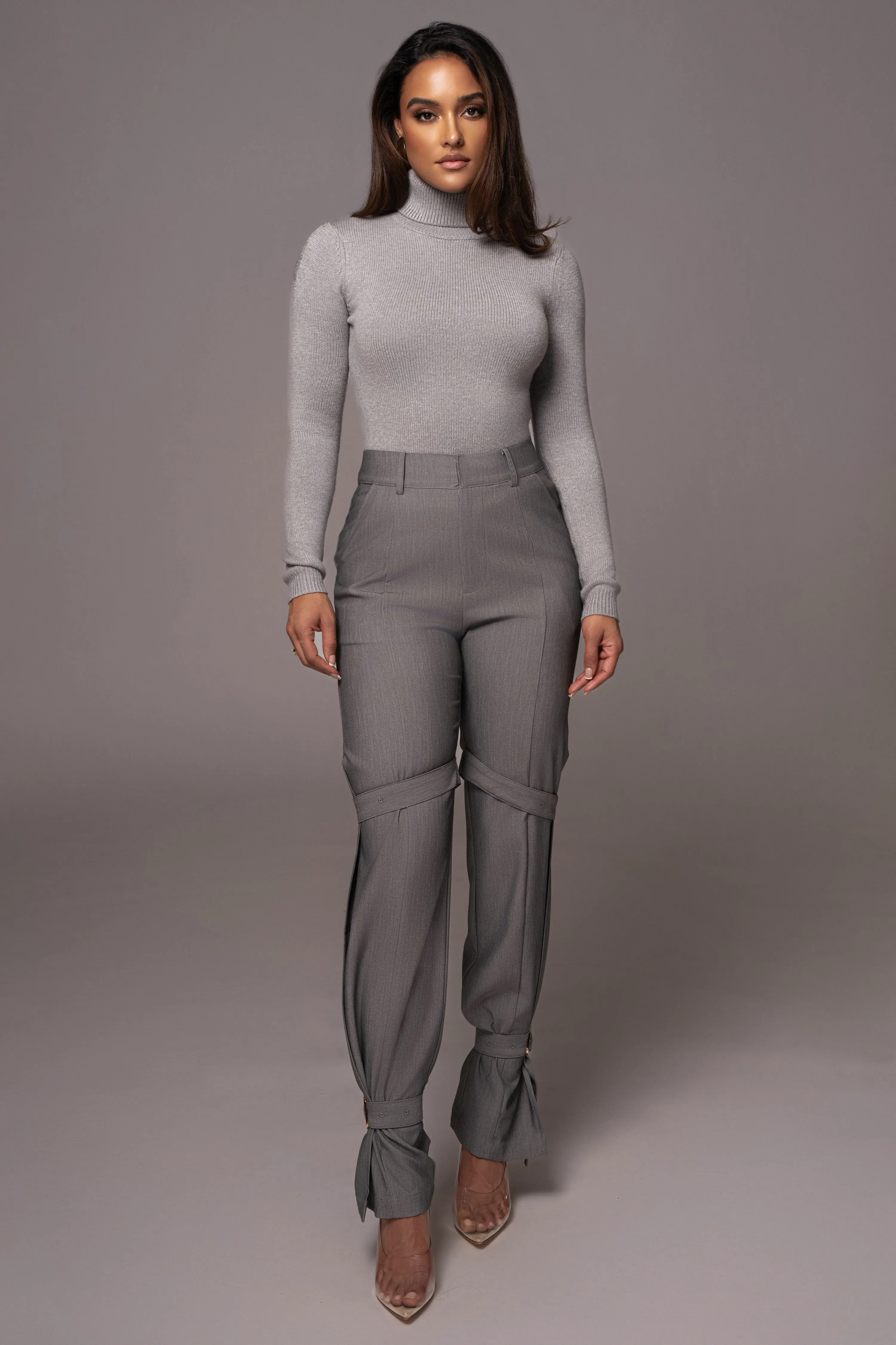 Grey Refined Belted Leg Pants