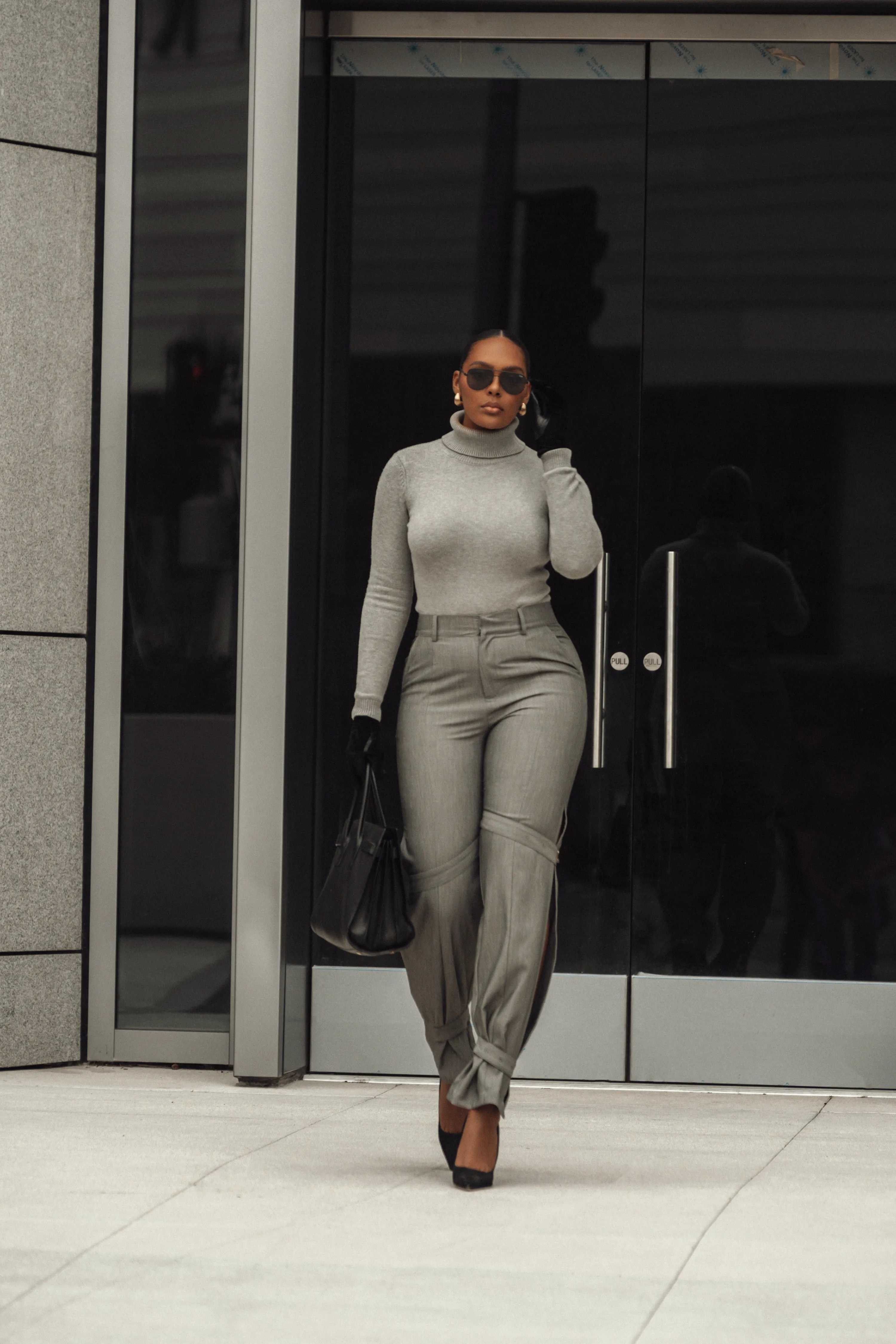 Grey Refined Belted Leg Pants