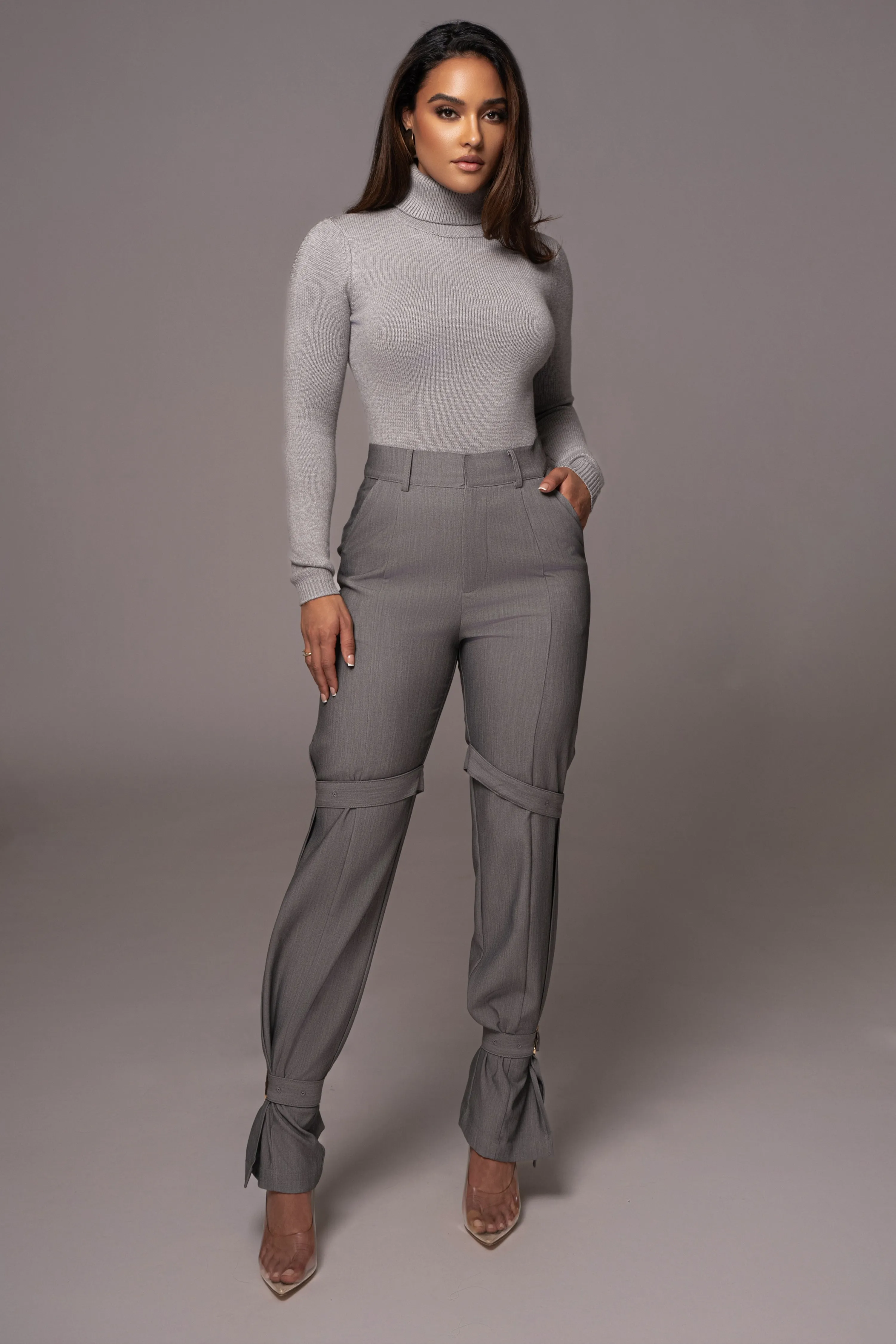 Grey Refined Belted Leg Pants