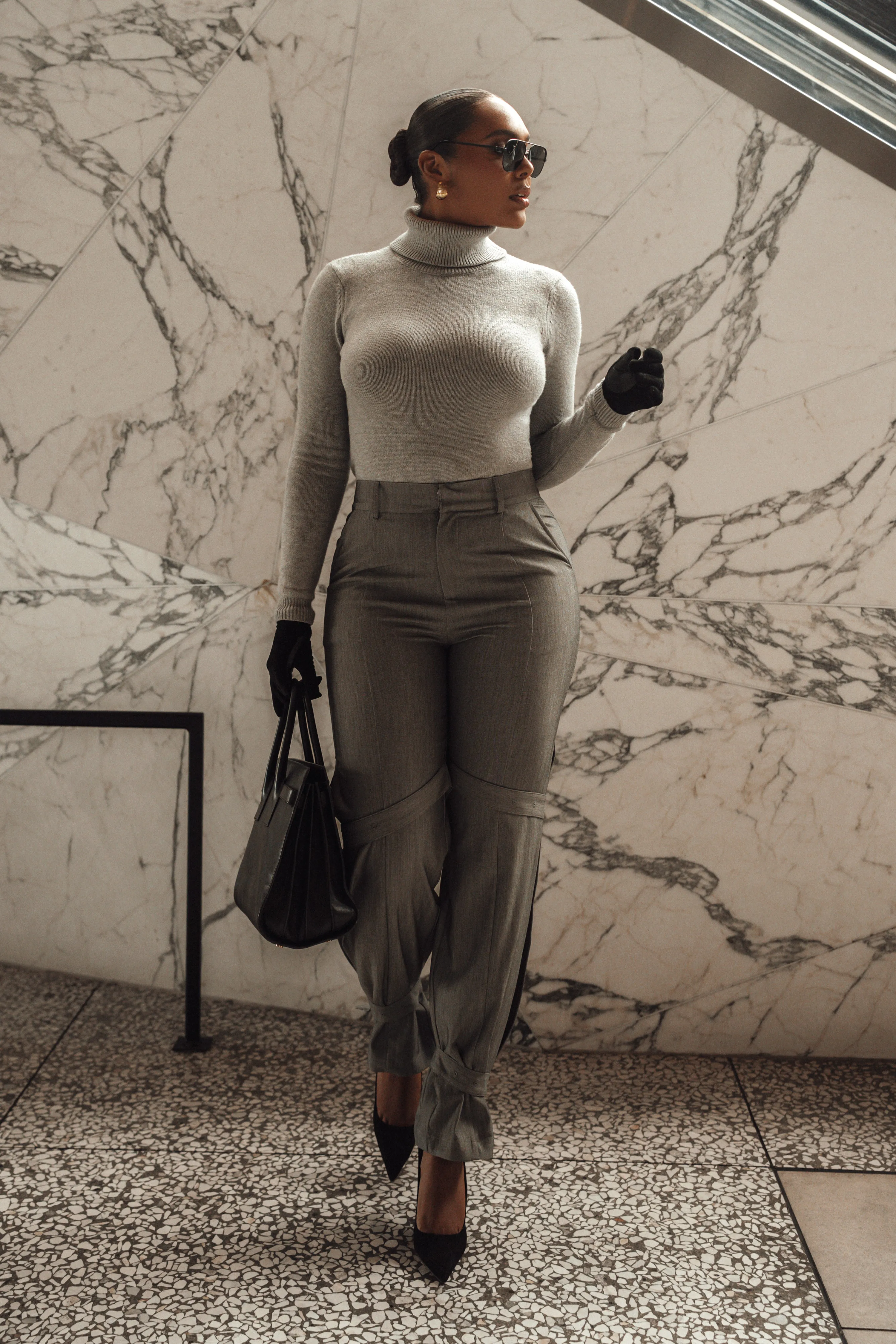 Grey Refined Belted Leg Pants