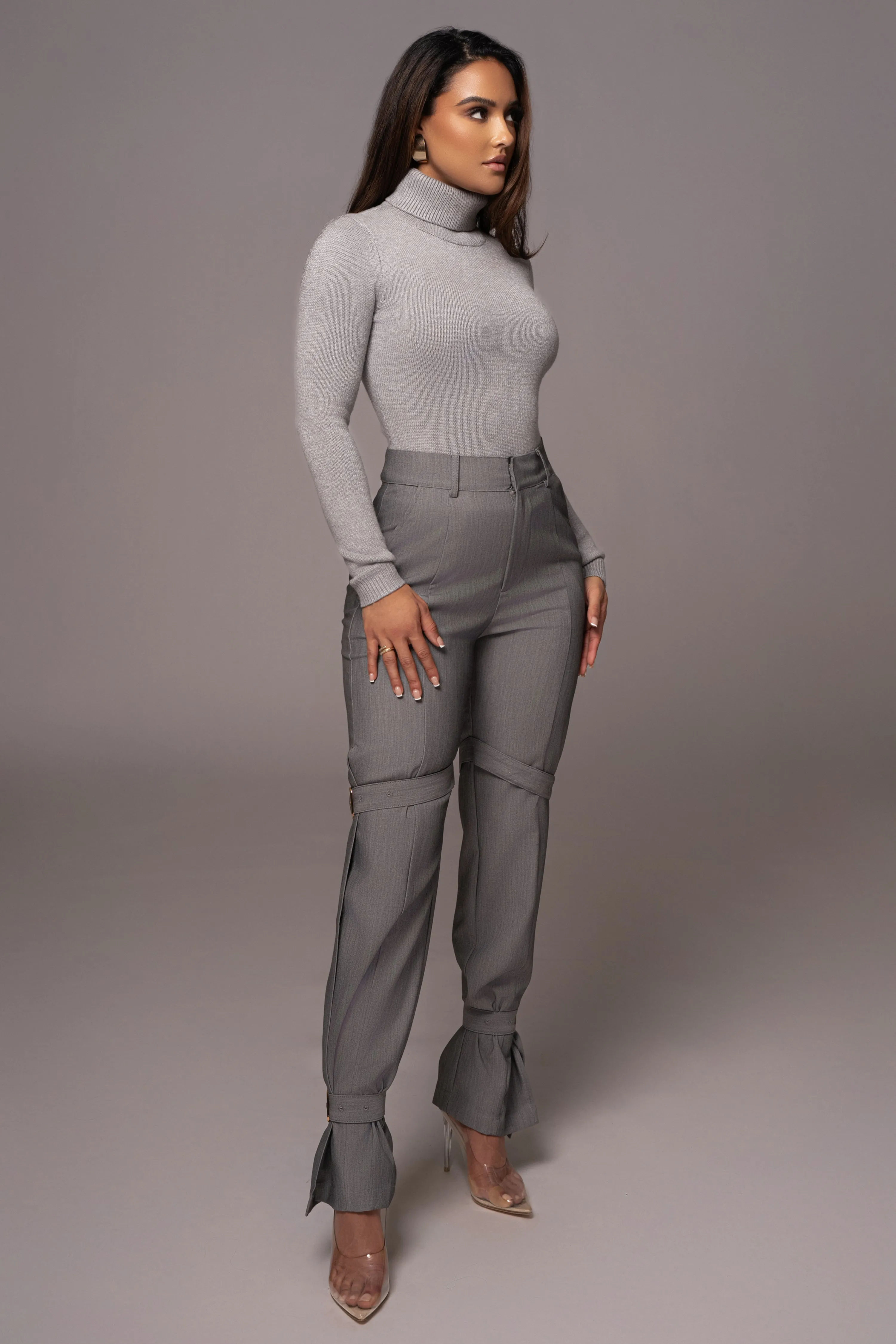 Grey Refined Belted Leg Pants