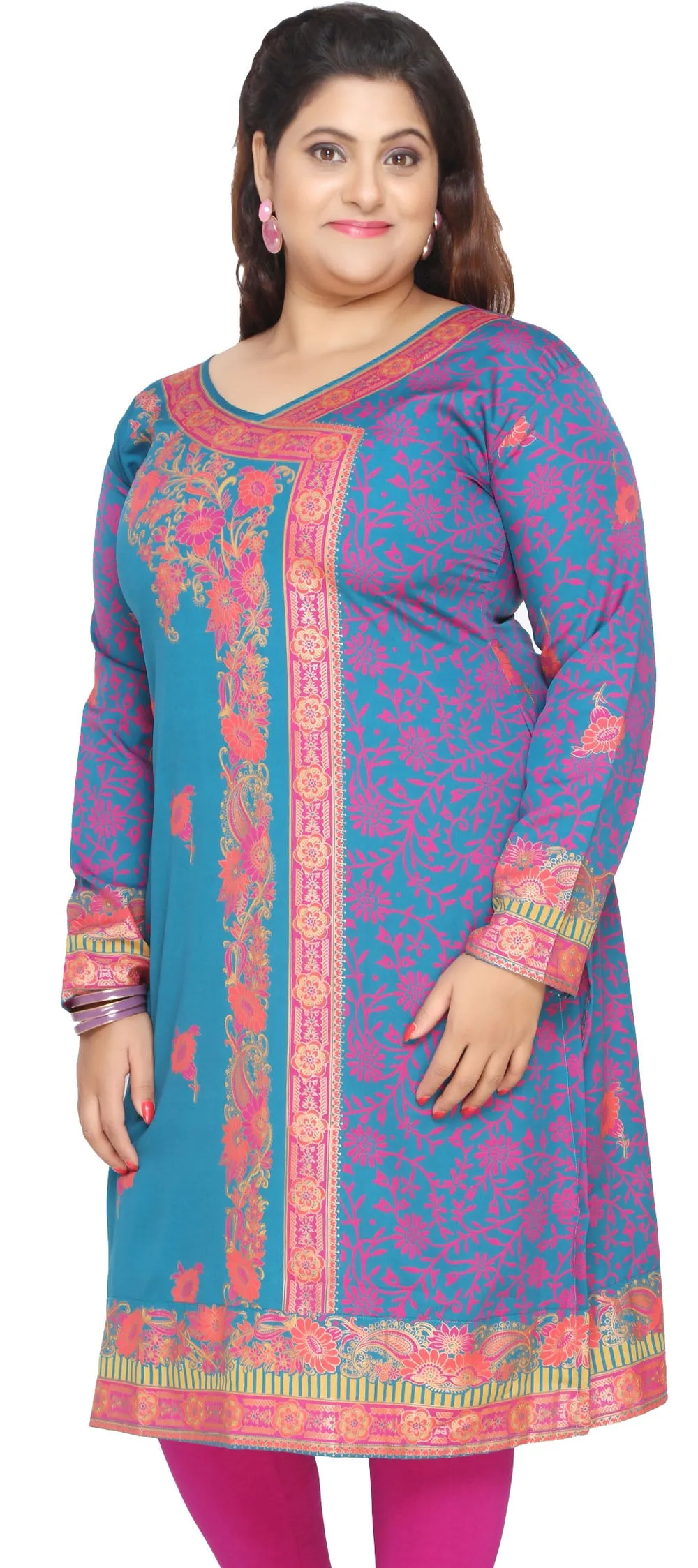 Indian Plus Size Tunics Kurti Long Top India Clothes (Blue)