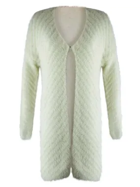 Ivory Fuzzy Knit Long Sleeve Cardigan Sweater Coat