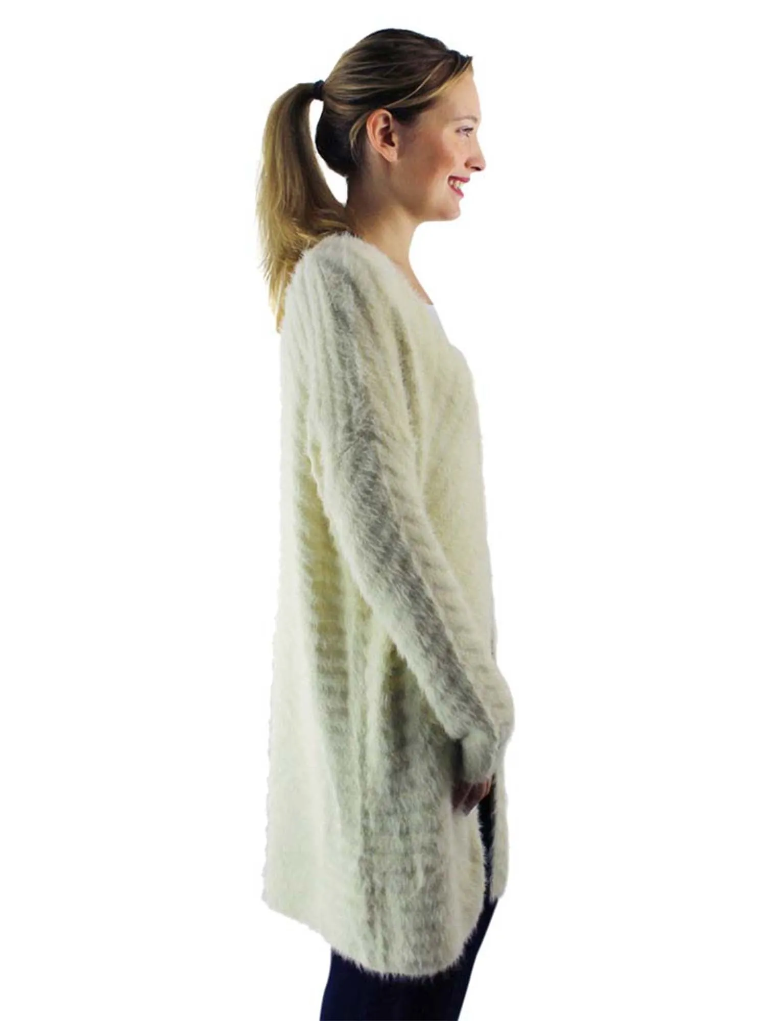 Ivory Fuzzy Knit Long Sleeve Cardigan Sweater Coat