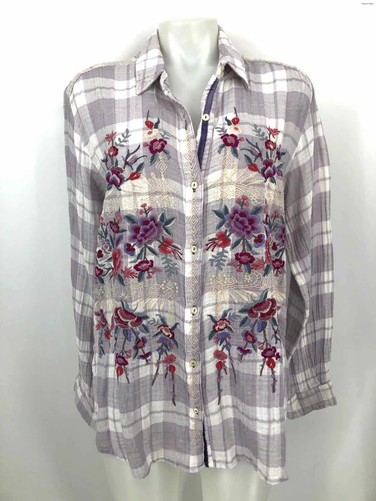 JOHNNY WAS Lilac Red Multi Cotton Blend Embroidered Button Up Top