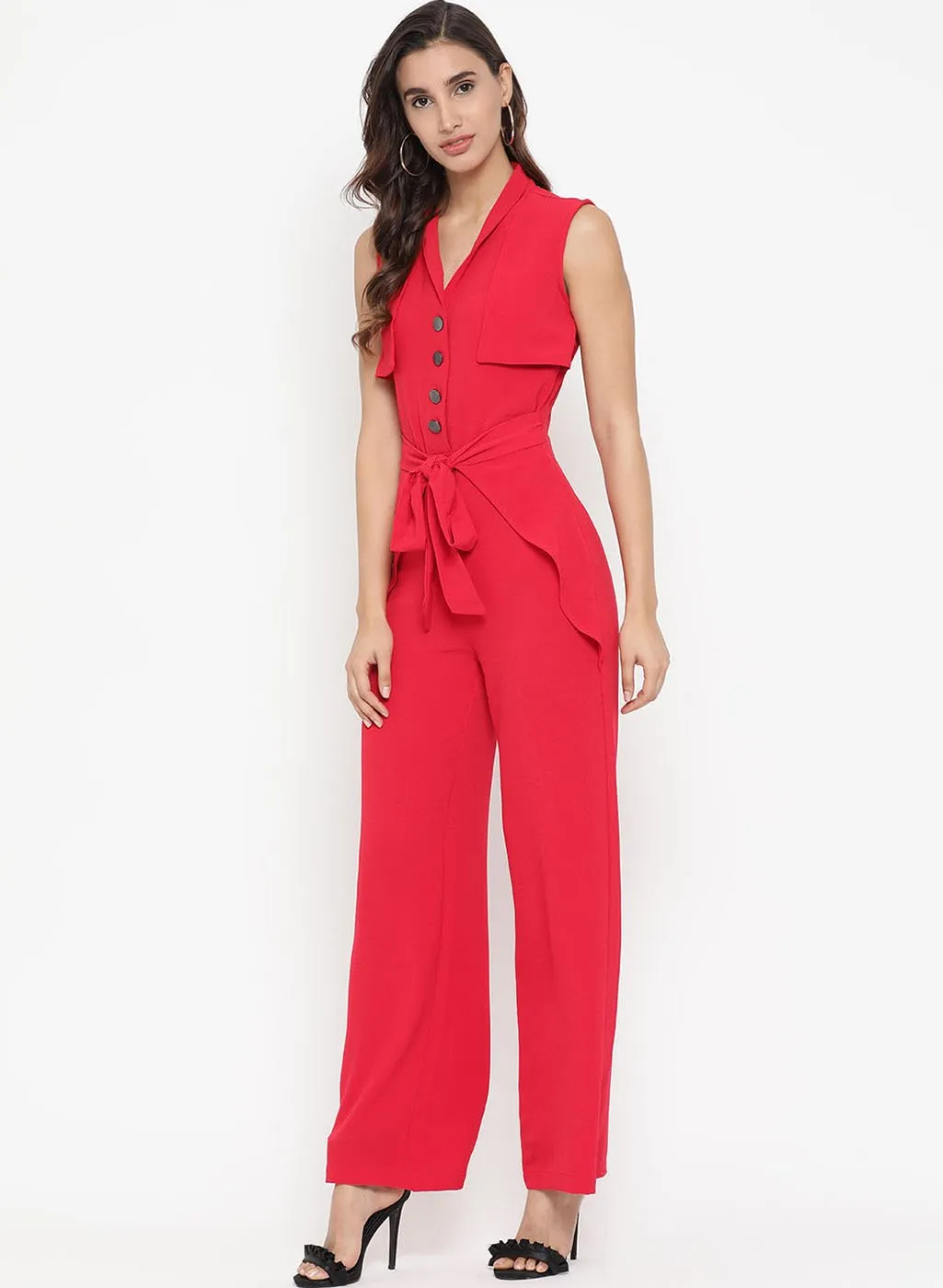 Jumpsuit With Front Tie-Up And Buttons