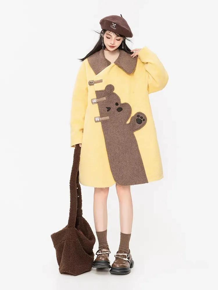 KEIKO [Padding] Milk patchwork cartoon woolen coat for women 23 autumn and winter design cape type slim coat