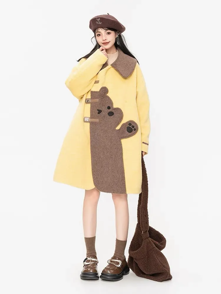 KEIKO [Padding] Milk patchwork cartoon woolen coat for women 23 autumn and winter design cape type slim coat