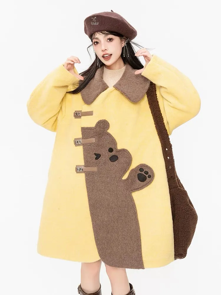 KEIKO [Padding] Milk patchwork cartoon woolen coat for women 23 autumn and winter design cape type slim coat