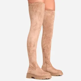 Laith Chunky Sole Over The Knee Thigh High Long Boot In Taupe Faux Suede