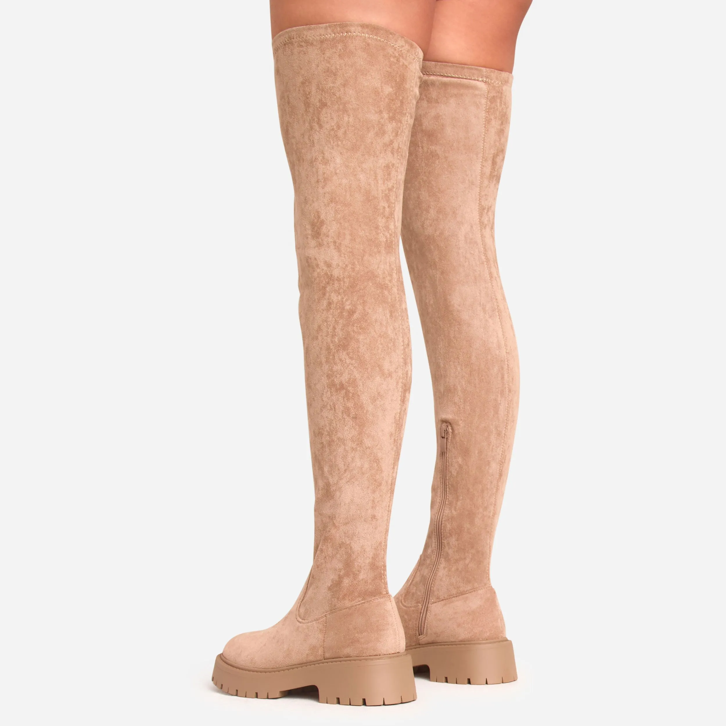 Laith Chunky Sole Over The Knee Thigh High Long Boot In Taupe Faux Suede