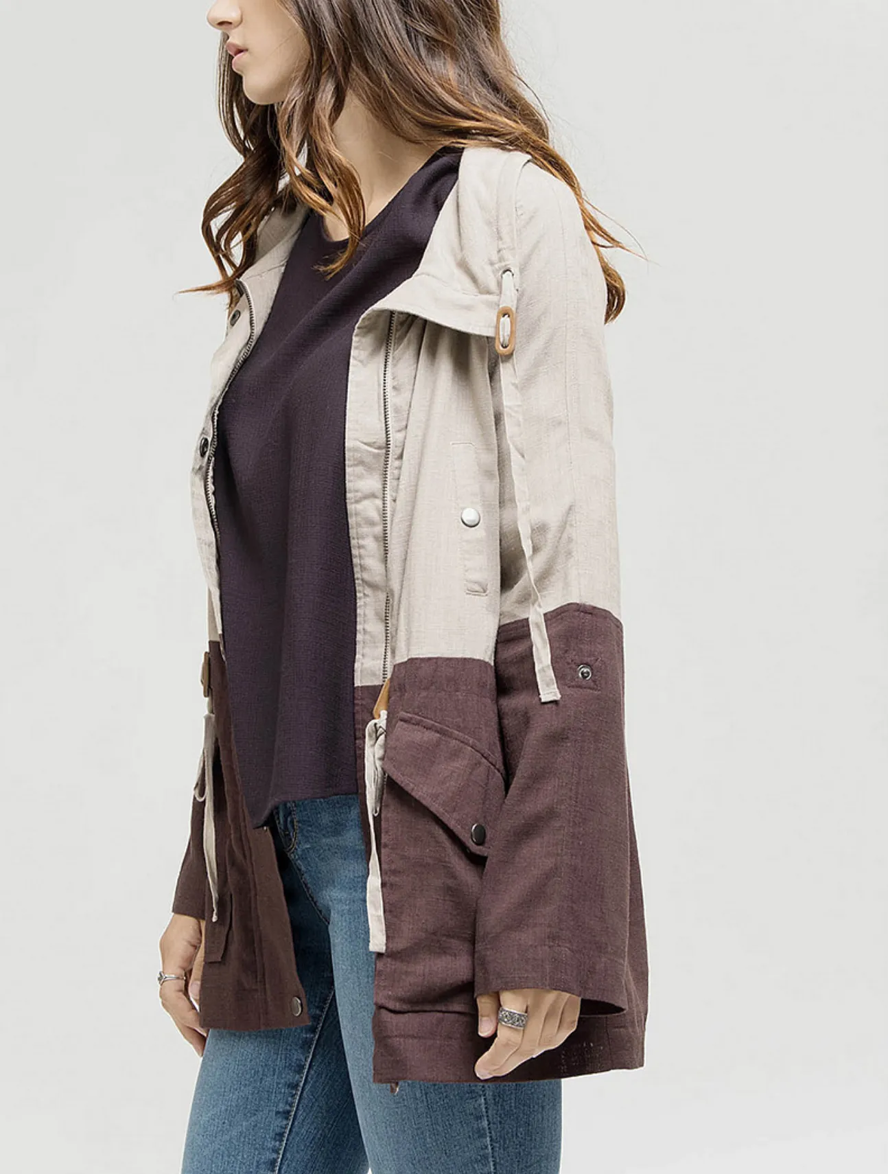 Lightweight Linen Color Block Jacket in Khaki/Cacao