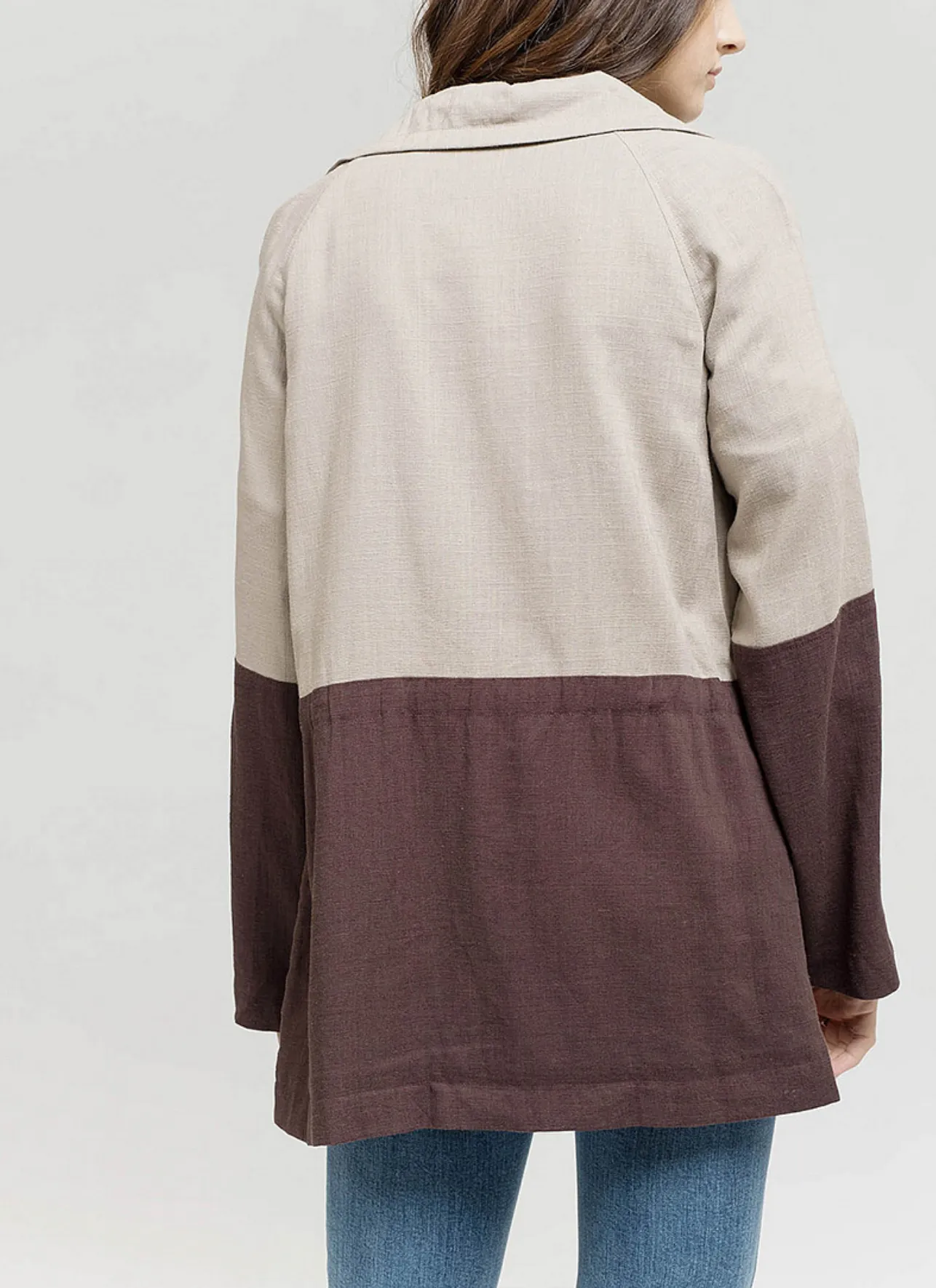 Lightweight Linen Color Block Jacket in Khaki/Cacao