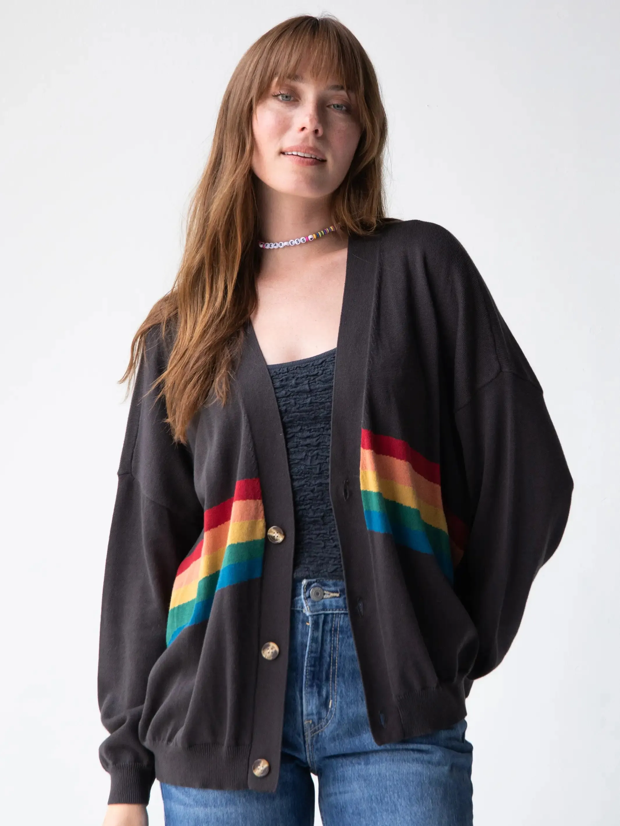 Live Happy Cotton Cardigan Sweater - Charcoal Rainbow