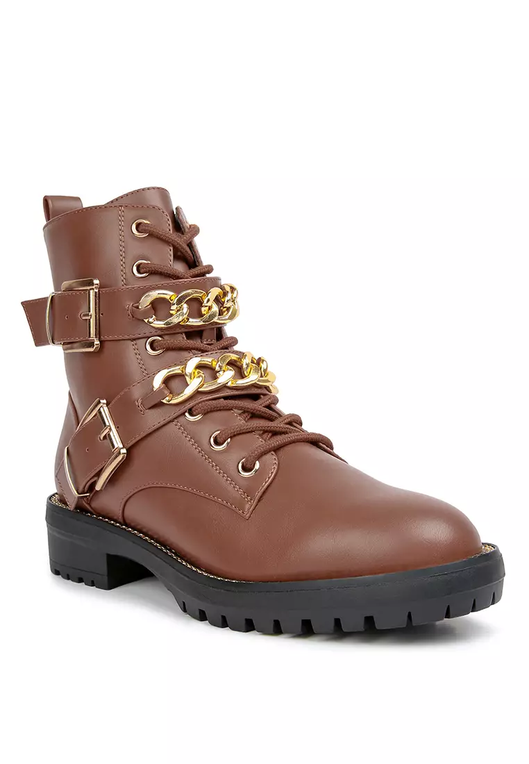 London Rag Atta Girl Metal Chain Detail Bike Boot in Tan