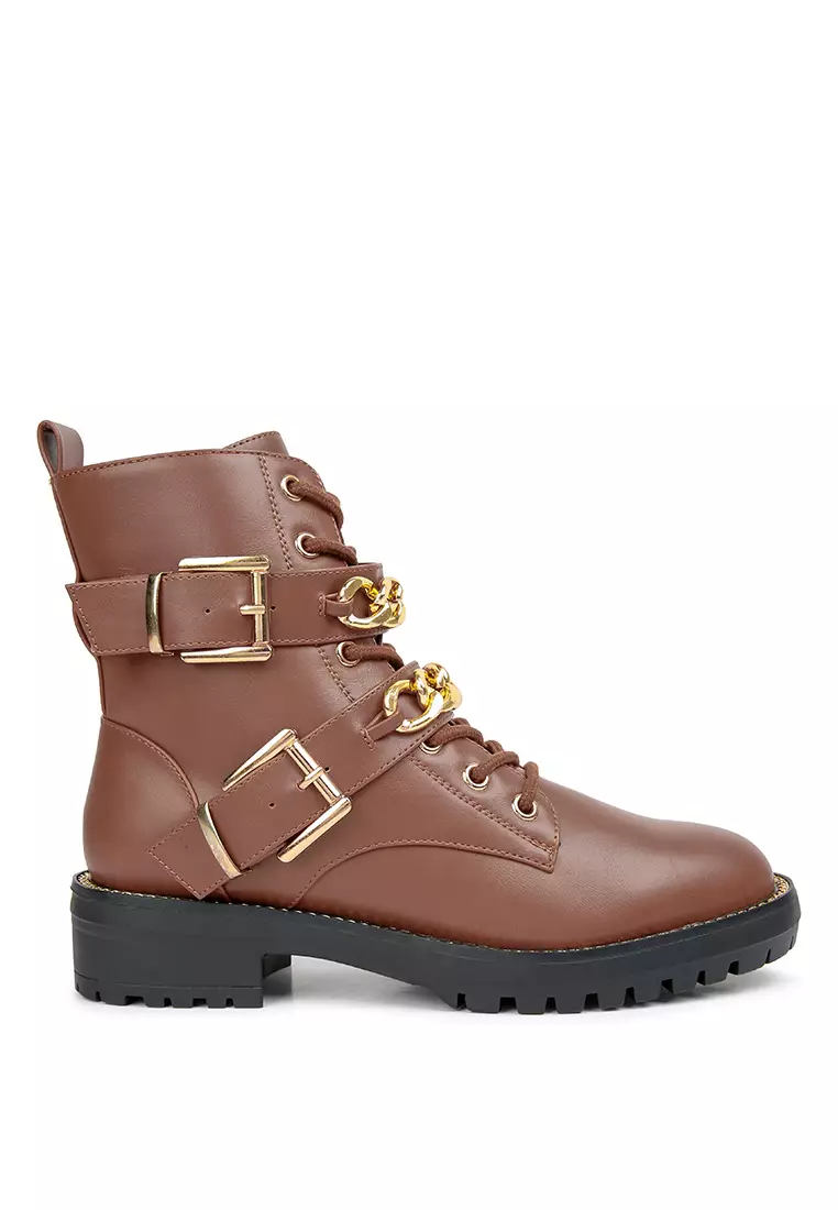 London Rag Atta Girl Metal Chain Detail Bike Boot in Tan