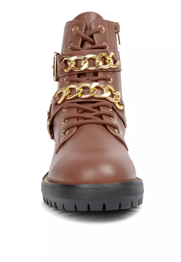 London Rag Atta Girl Metal Chain Detail Bike Boot in Tan