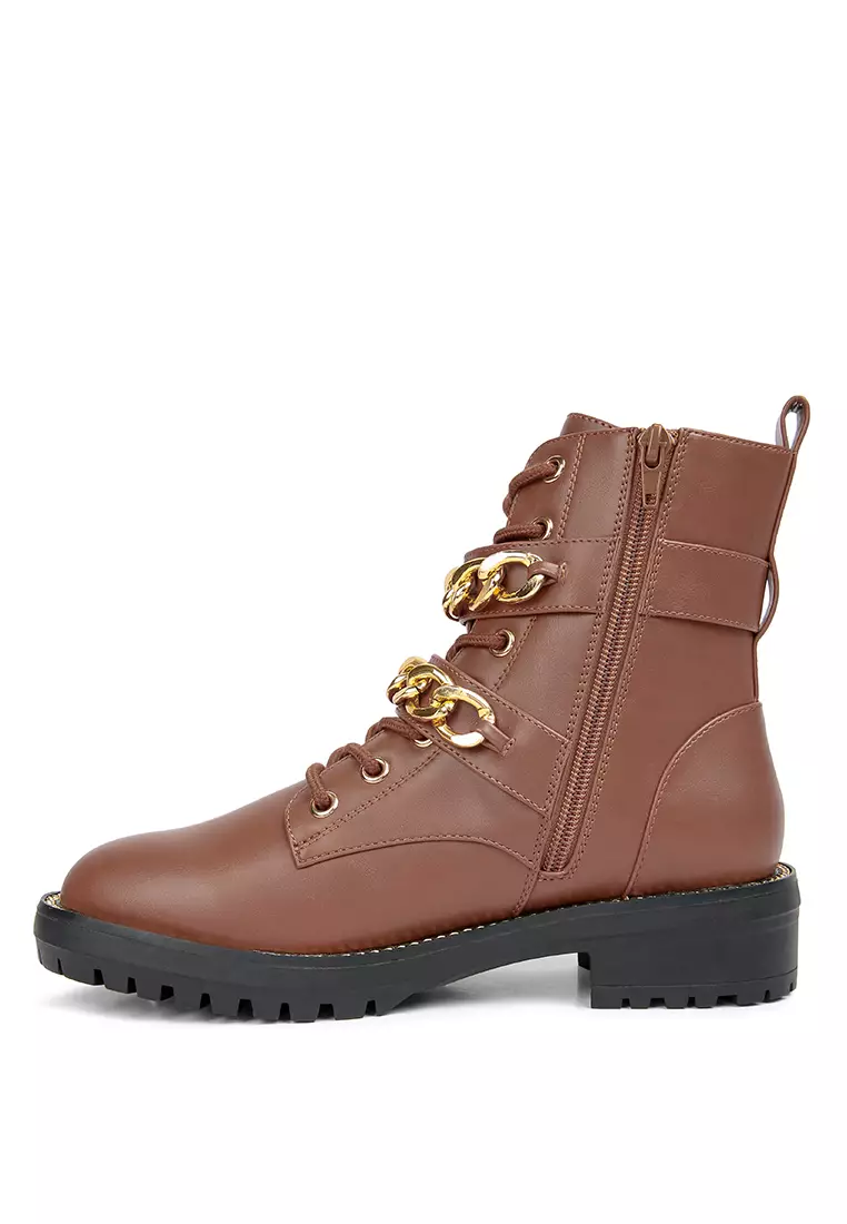 London Rag Atta Girl Metal Chain Detail Bike Boot in Tan