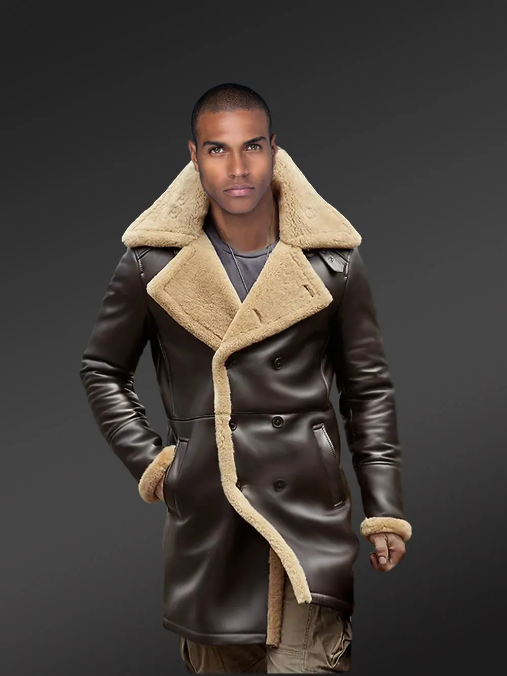 Long Sheepskin Coat Men with Button Closing