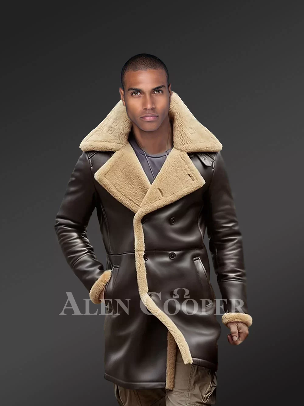 Long Sheepskin Coat Men with Button Closing