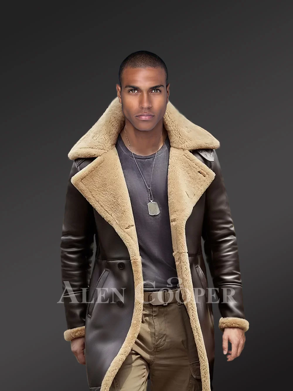 Long Sheepskin Coat Men with Button Closing