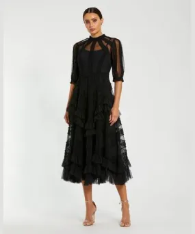 Mac Duggal Black High Neck Micro Ruffle Tiered Midi Dress In