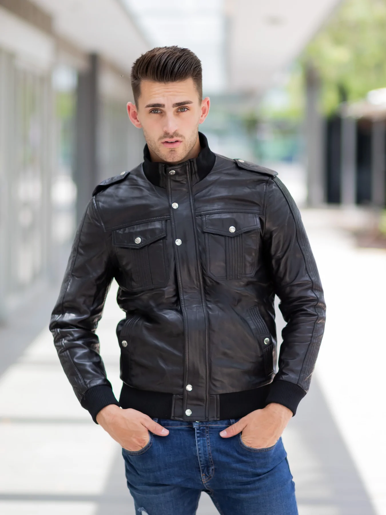 Men's Jet Black Leather Bomber Jacket