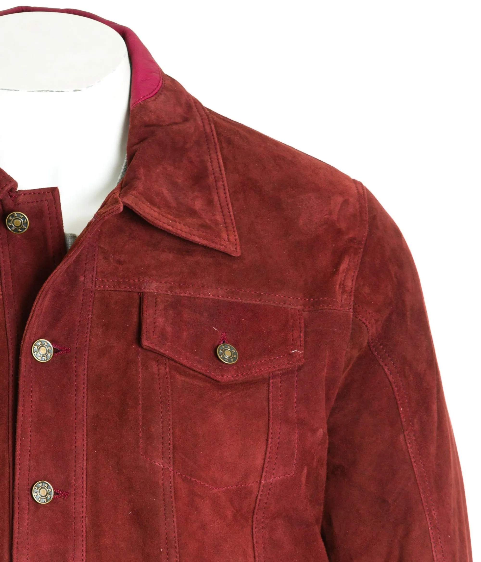 Men's Burgundy Denim Shirt Style Suede Jacket: Antonio