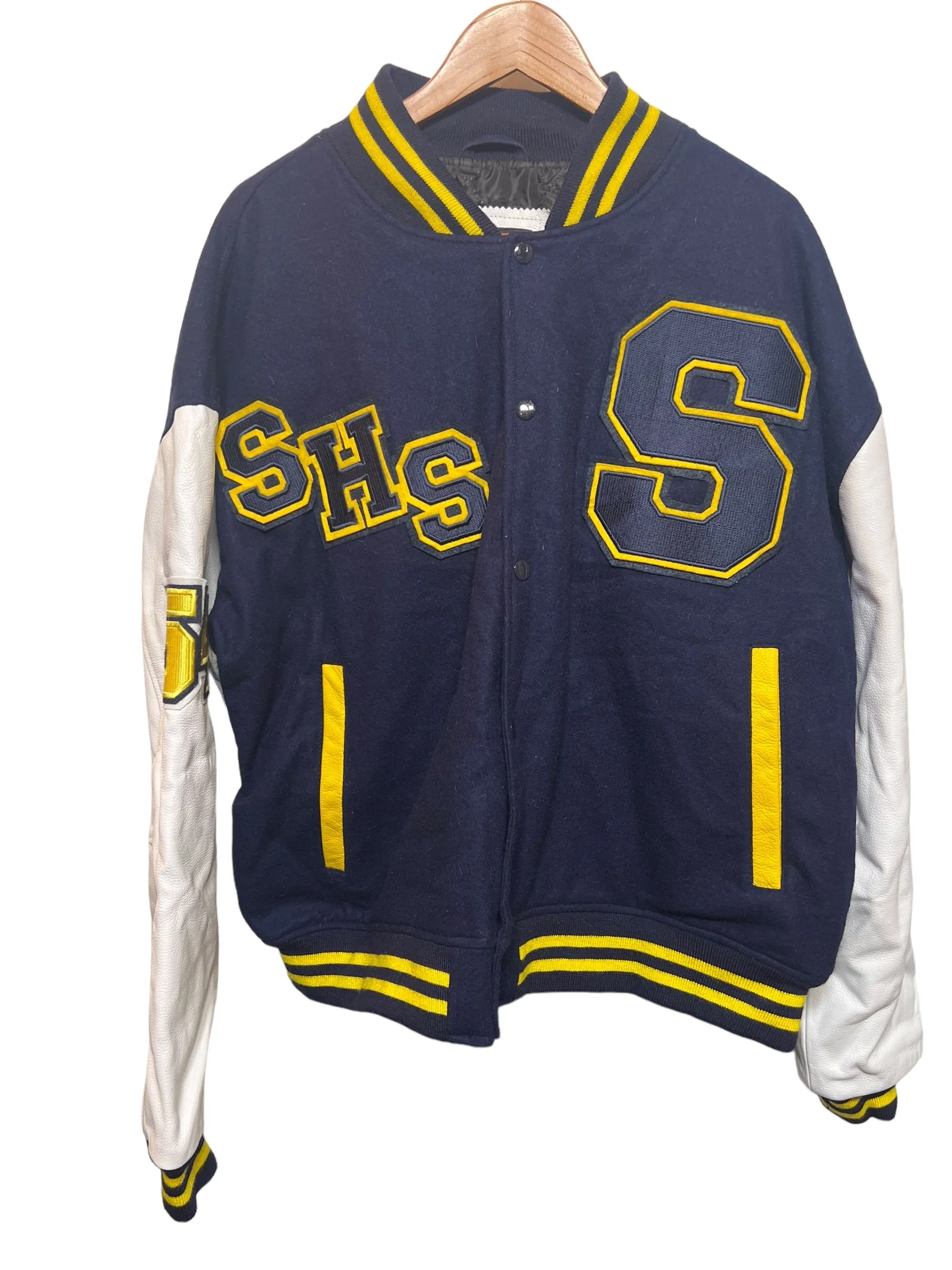 Mens Clothoo Navy Yellow Varsity Jacket (Size XL)