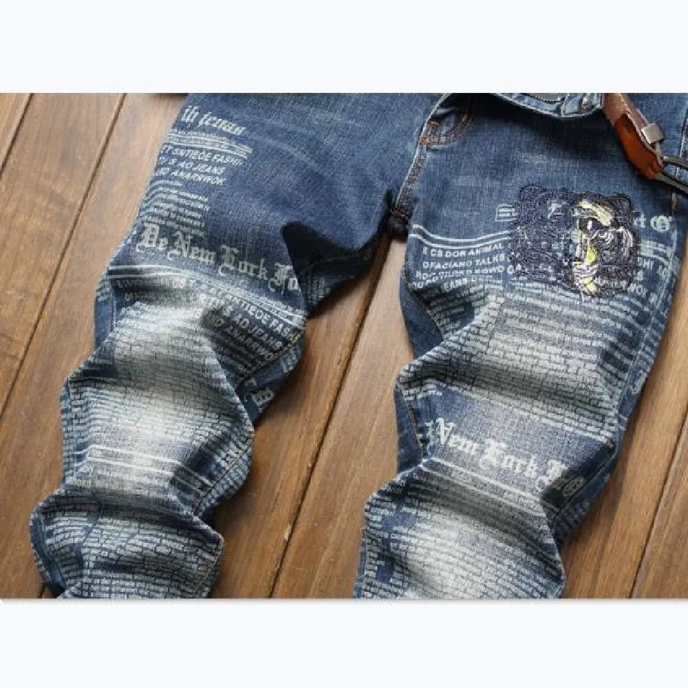 Men's Embroidery Letter Printed Grinding Elastic Casual Skinny Jeans Pants