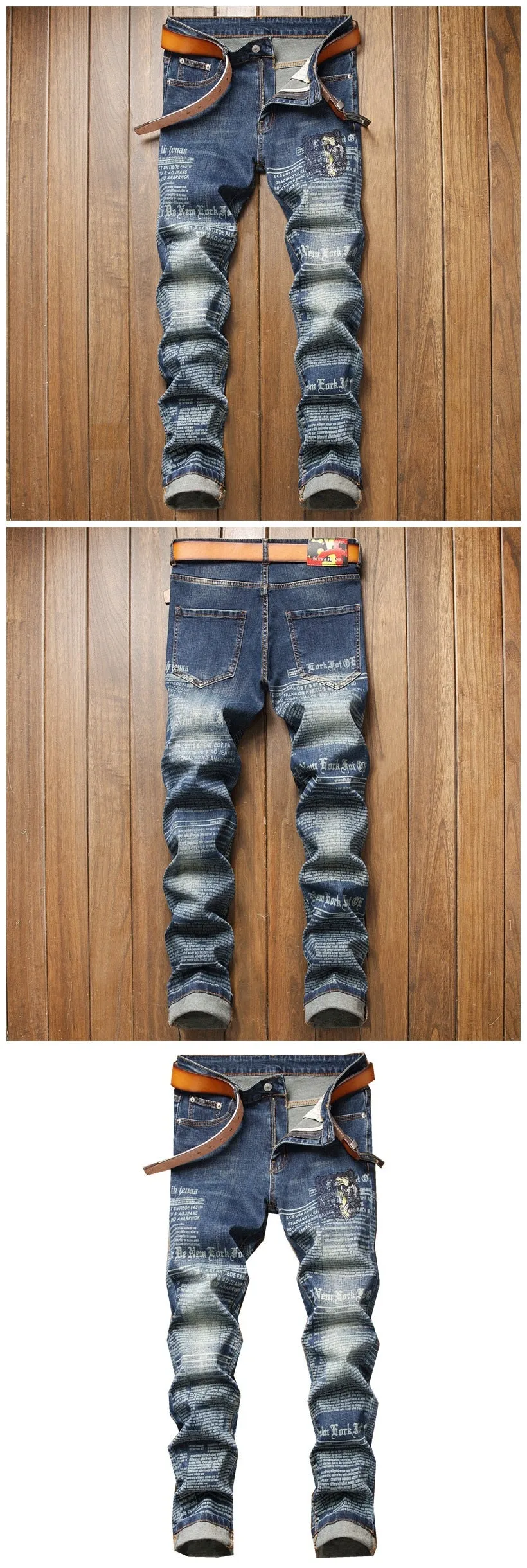 Men's Embroidery Letter Printed Grinding Elastic Casual Skinny Jeans Pants