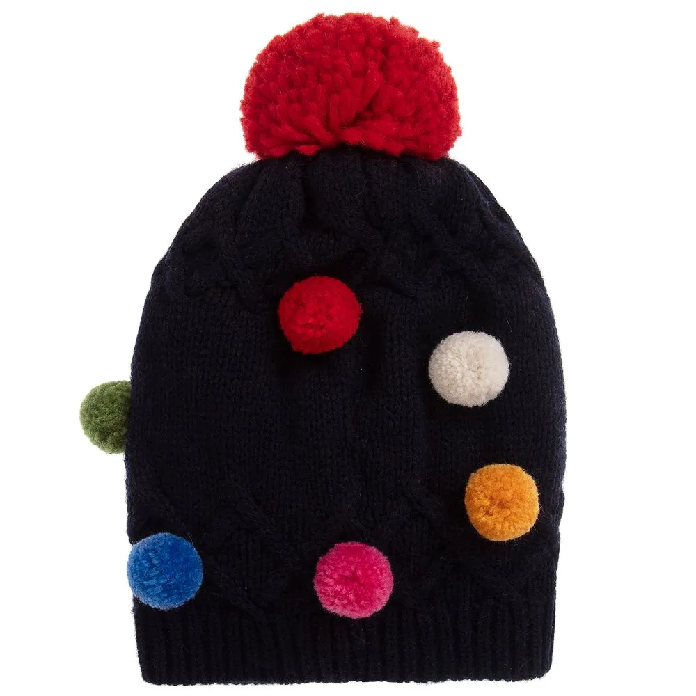 Navy Blue Wool Pom-Pom Hat