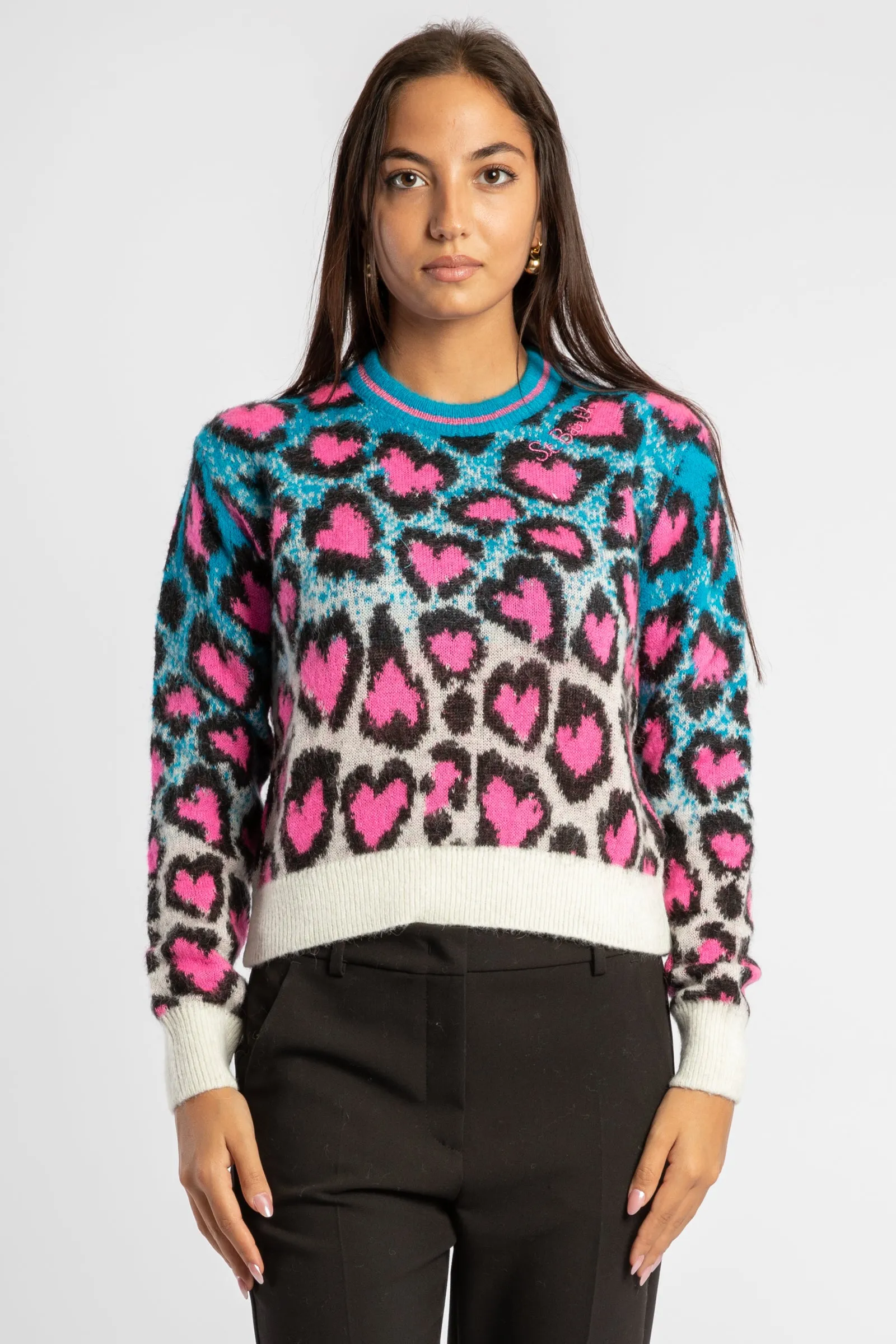 New Queen Crop Soft P morbido maglione da donna girocollo con stampa leopardata a cuori