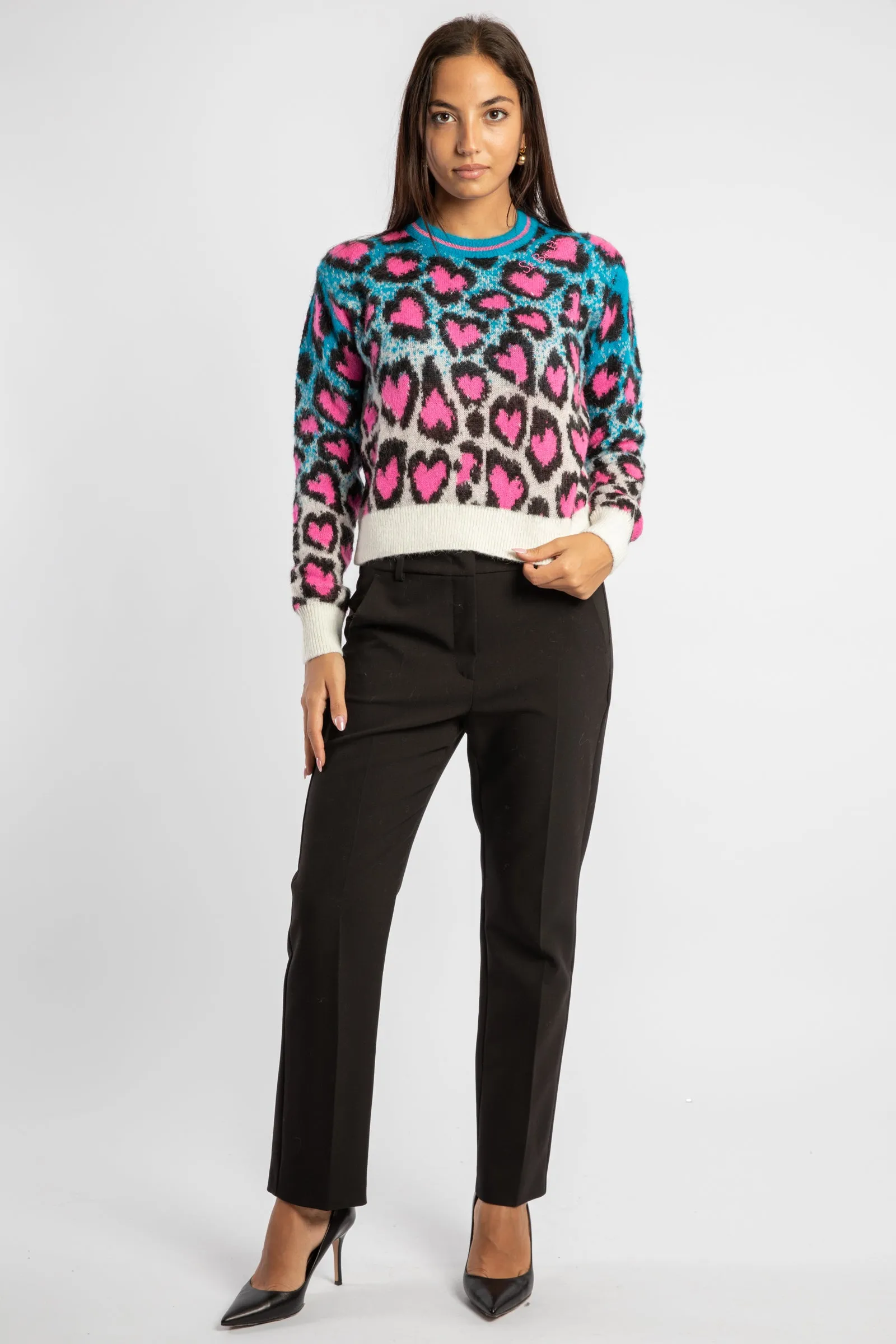 New Queen Crop Soft P morbido maglione da donna girocollo con stampa leopardata a cuori