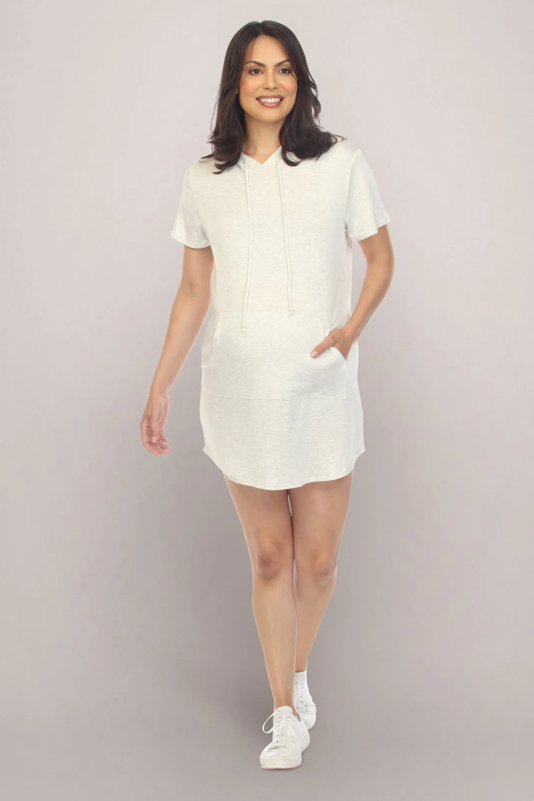 Off White Hooded Short Sleeve Maternity Sweater Dress