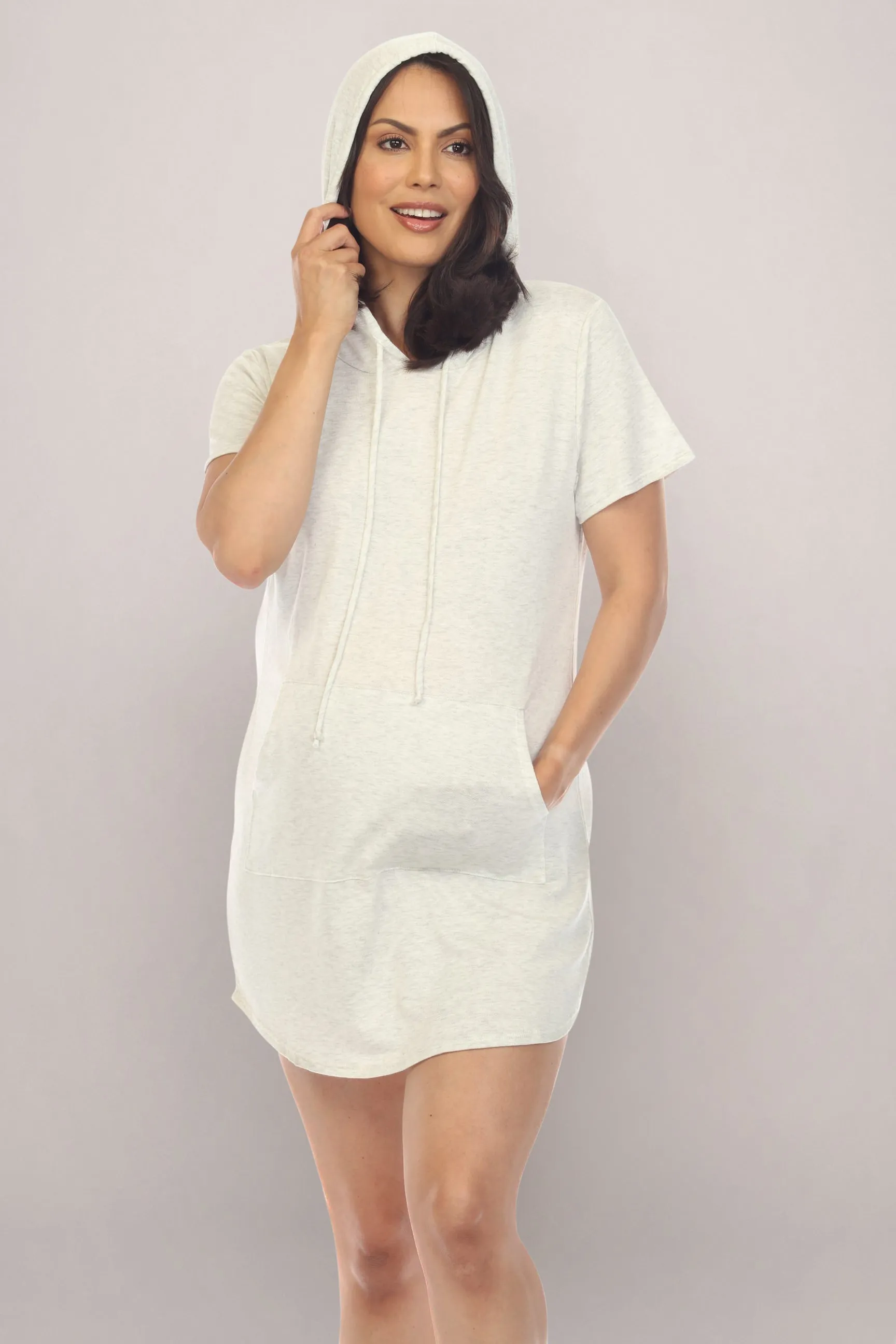 Off White Hooded Short Sleeve Maternity Sweater Dress