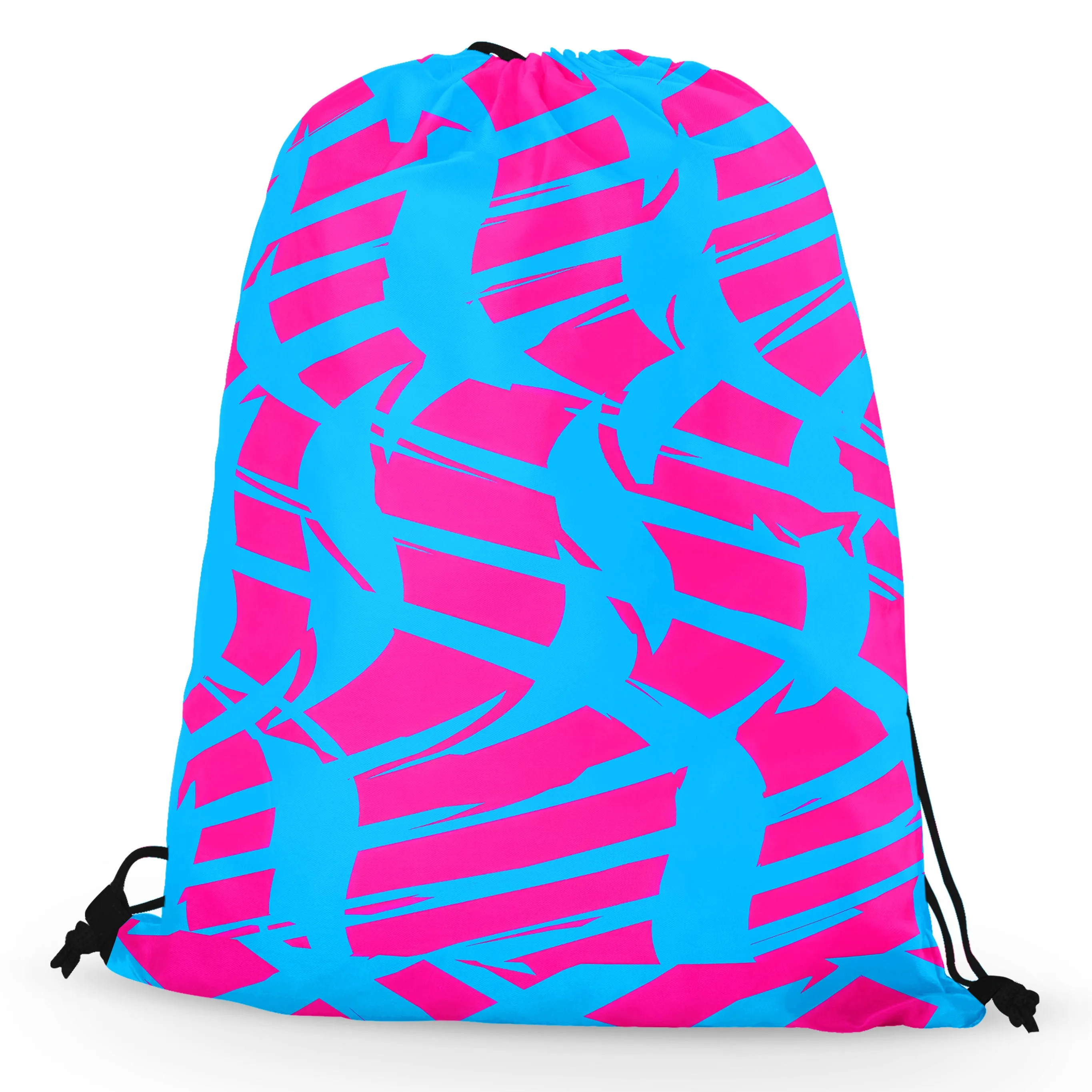 Pink and Blue Squiggly Rave Checkered Drawstring Bag