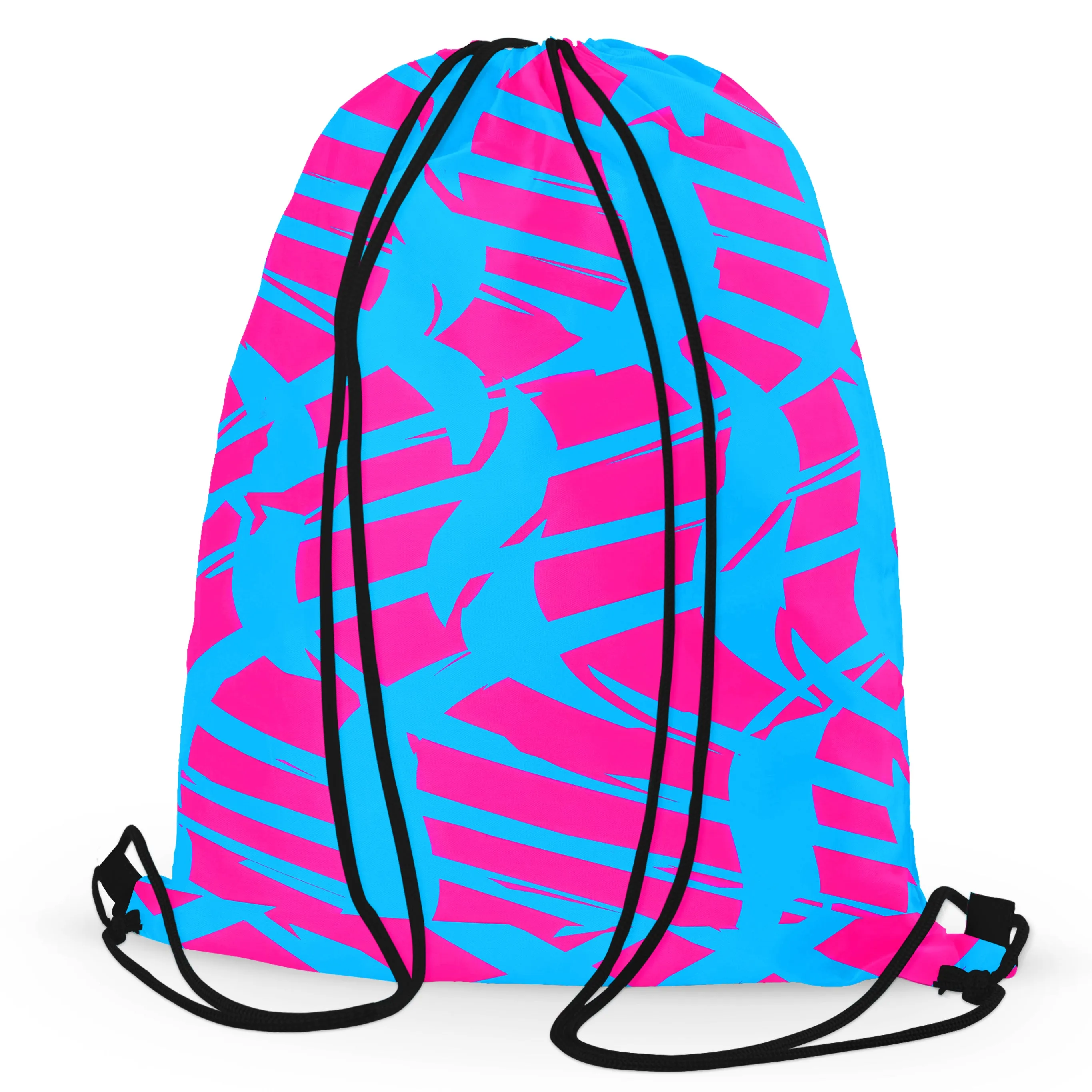 Pink and Blue Squiggly Rave Checkered Drawstring Bag