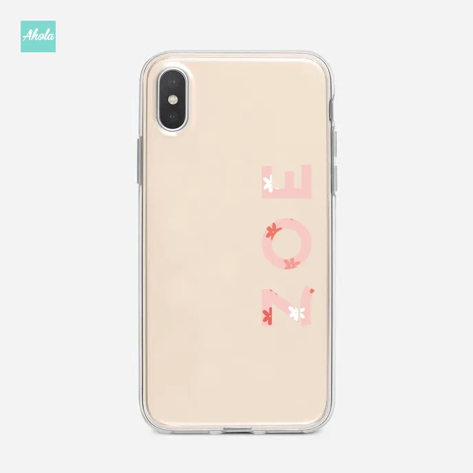 【Pink Florals】Soft TPU transparent phone case 粉色小花名字透明電話軟殼