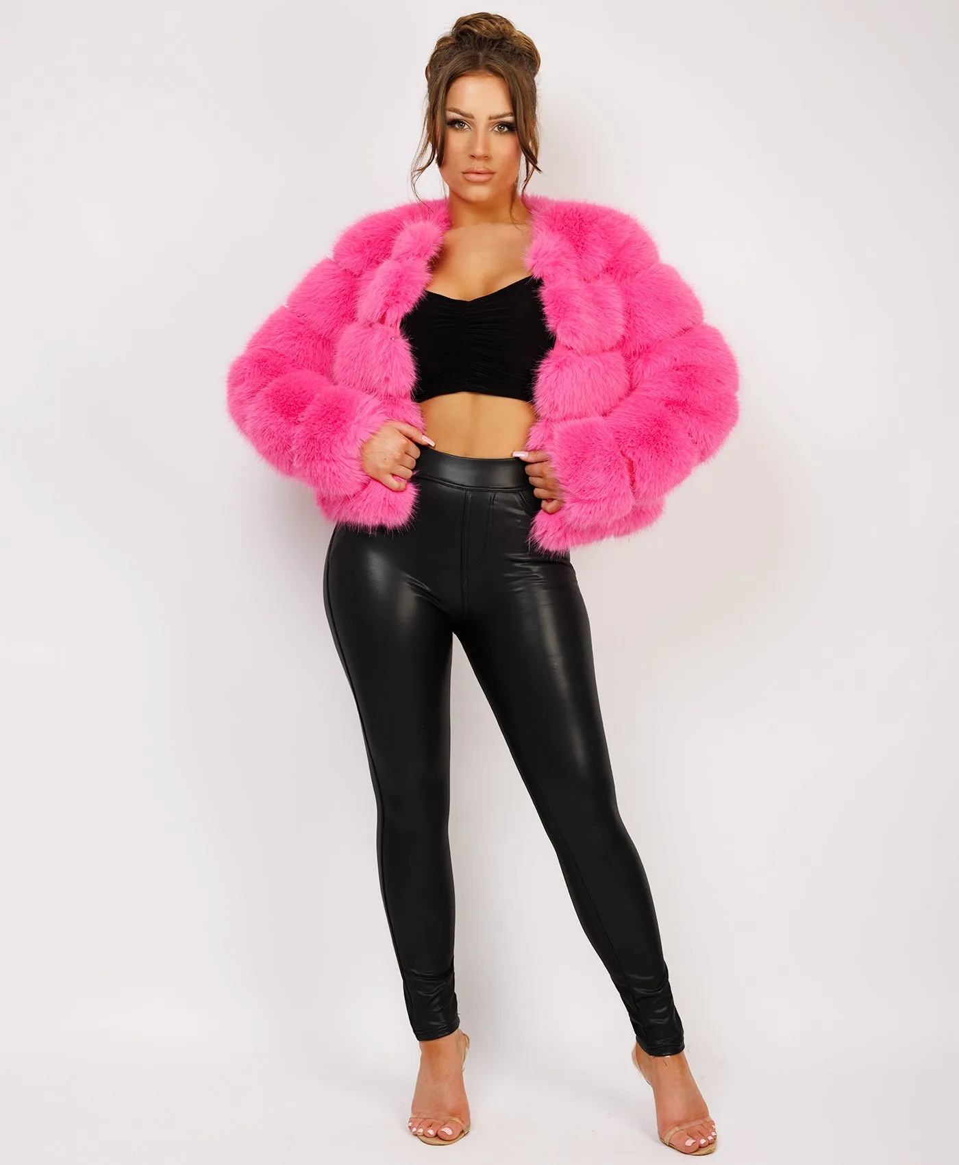 Pink Premium Faux Fur Tiered Coat Jacket